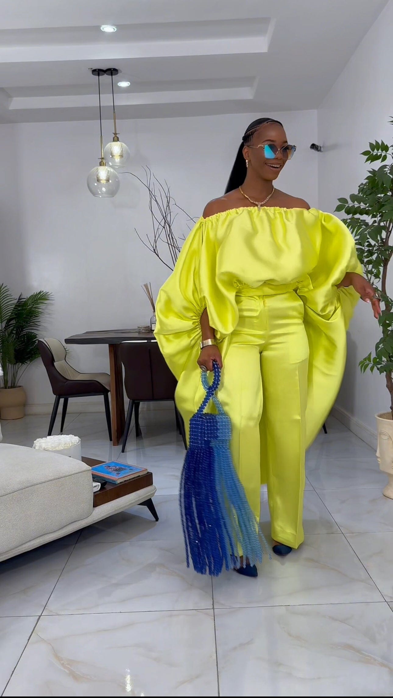 2- piece Kese neon cape high low and wide leg pant set