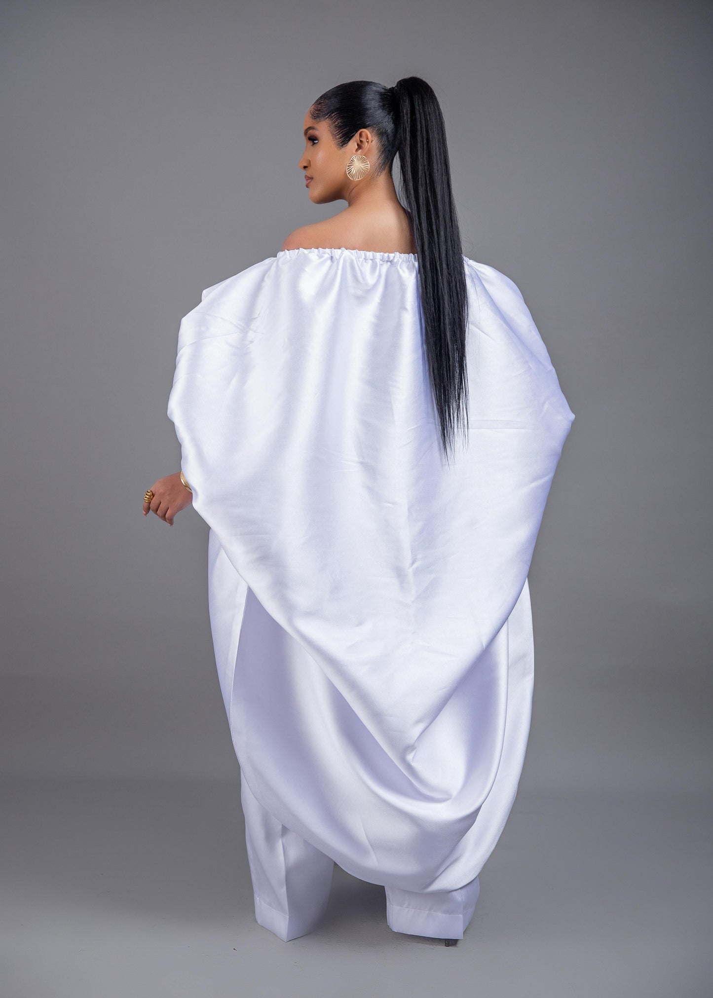 2- piece Kese white cape high low and wide leg pant set