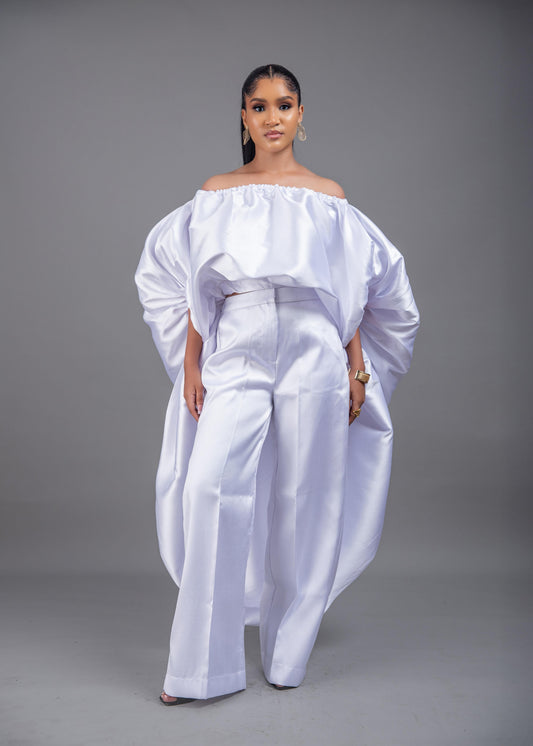 2- piece Kese white cape high low and wide leg pant set