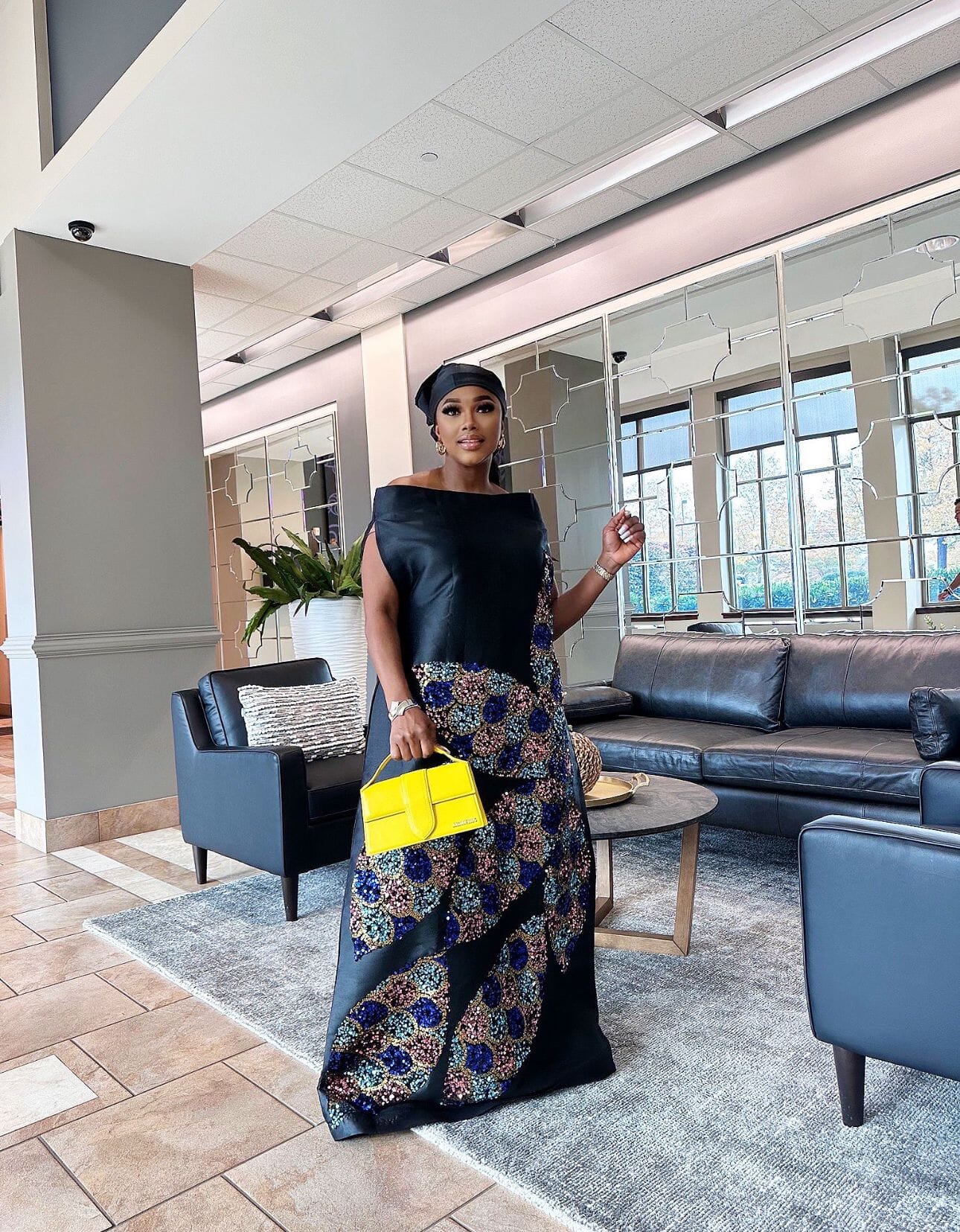 Black Goddess Maxi African kaftan boubou mikado silk dress with multicolored sequin