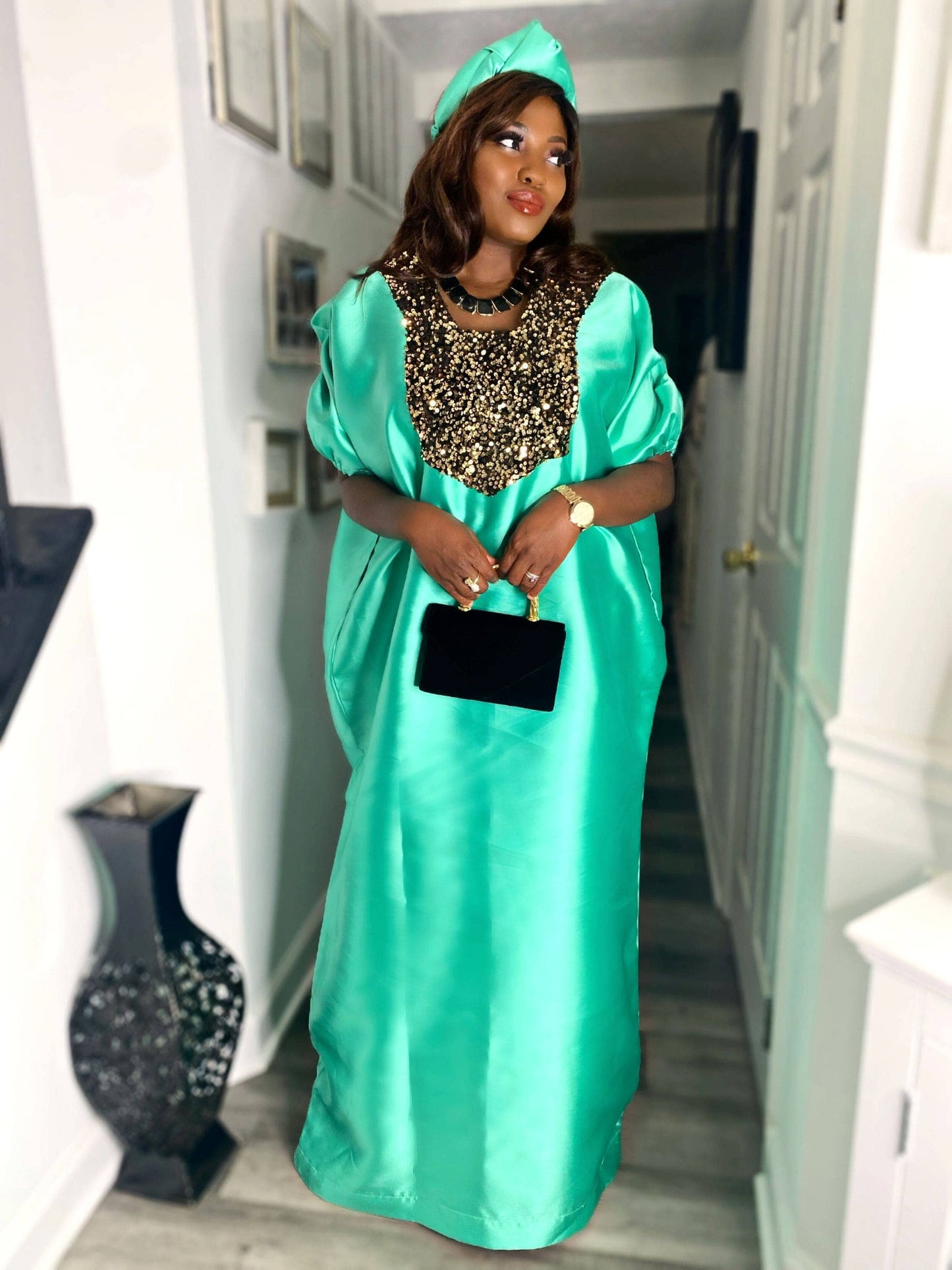 Buga Boubou dress (Green)- African kaftan with Silk fabric