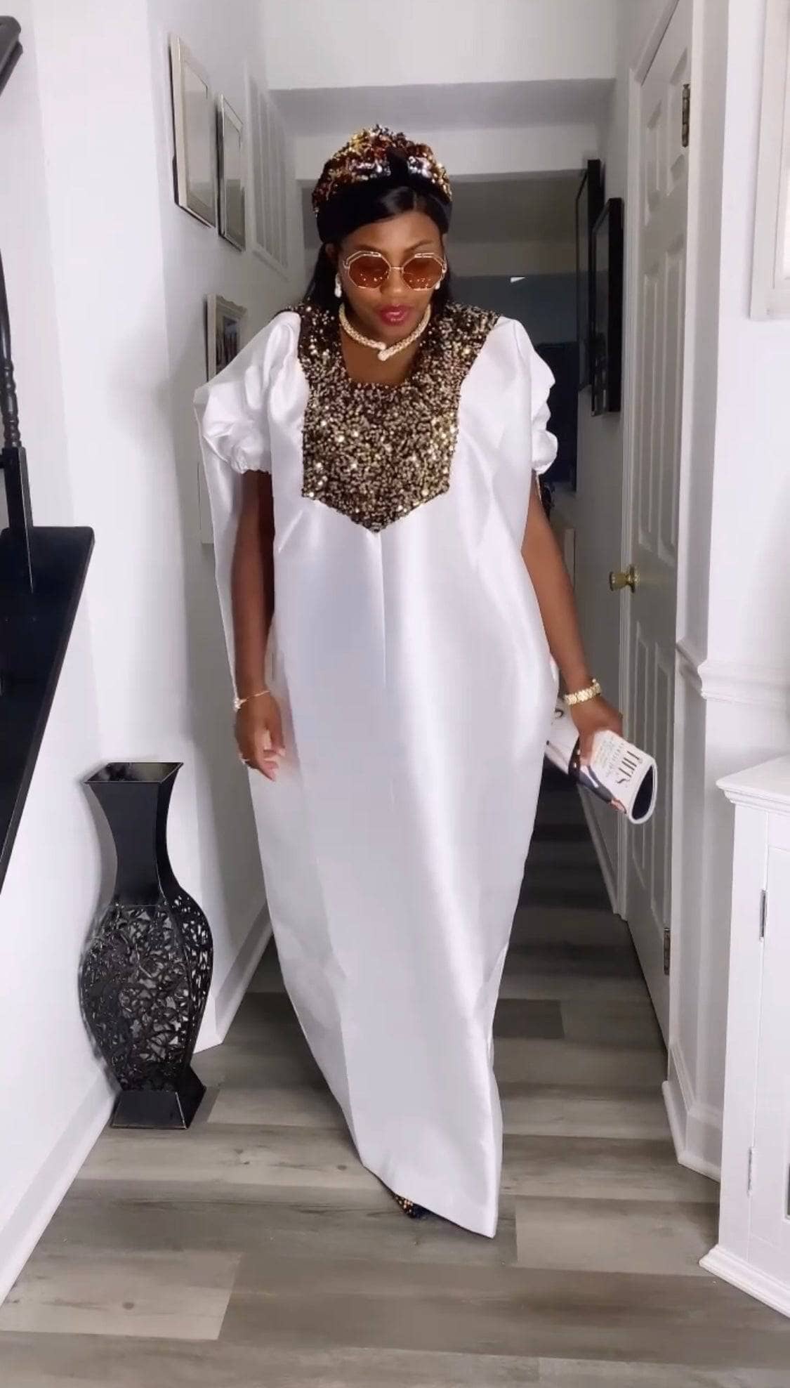 Buga Boubou dress (white)- African kaftan dress with Silk fabric