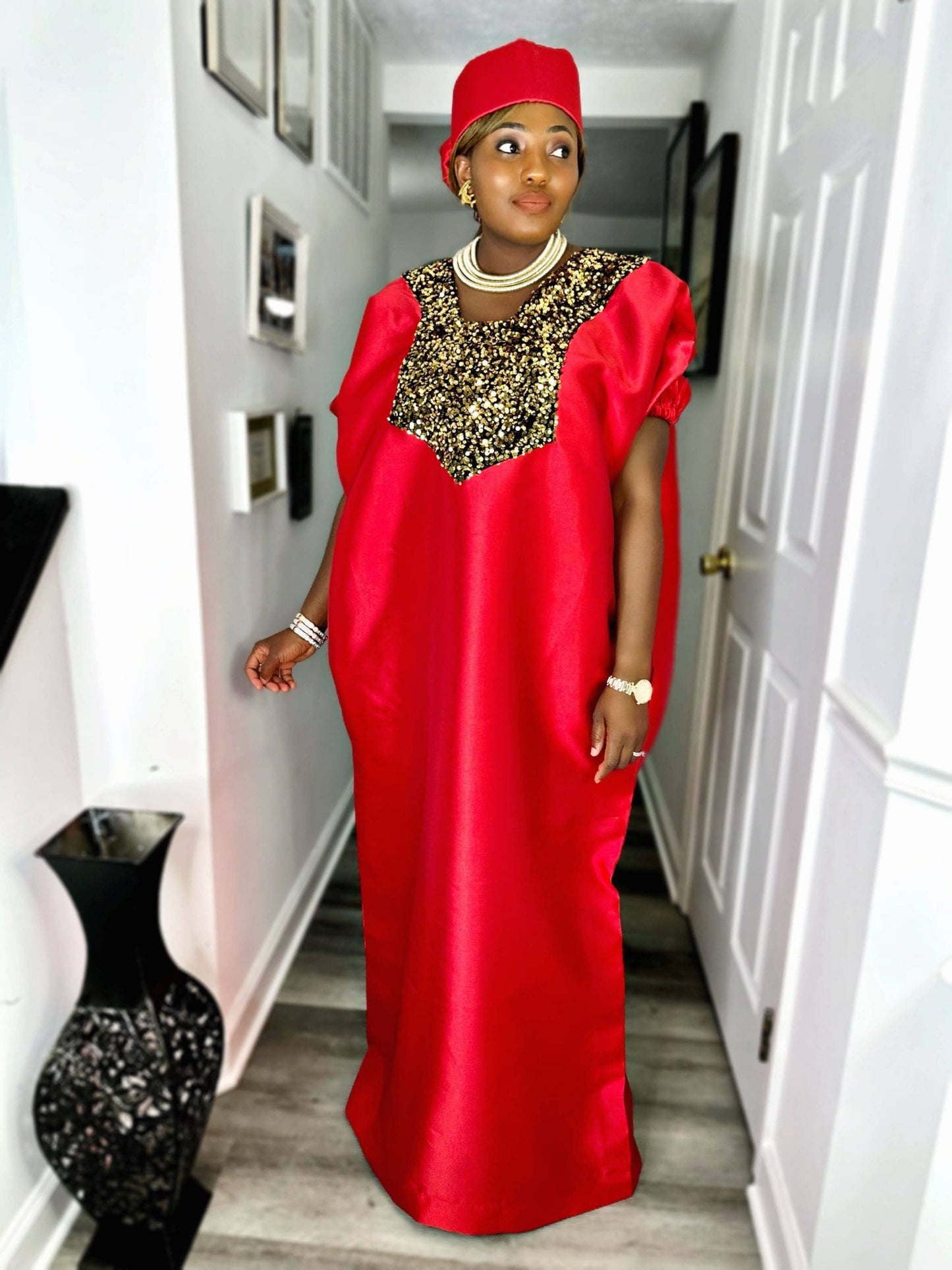 Buga Boubou (Red)- African maxi dress with Silk fabric