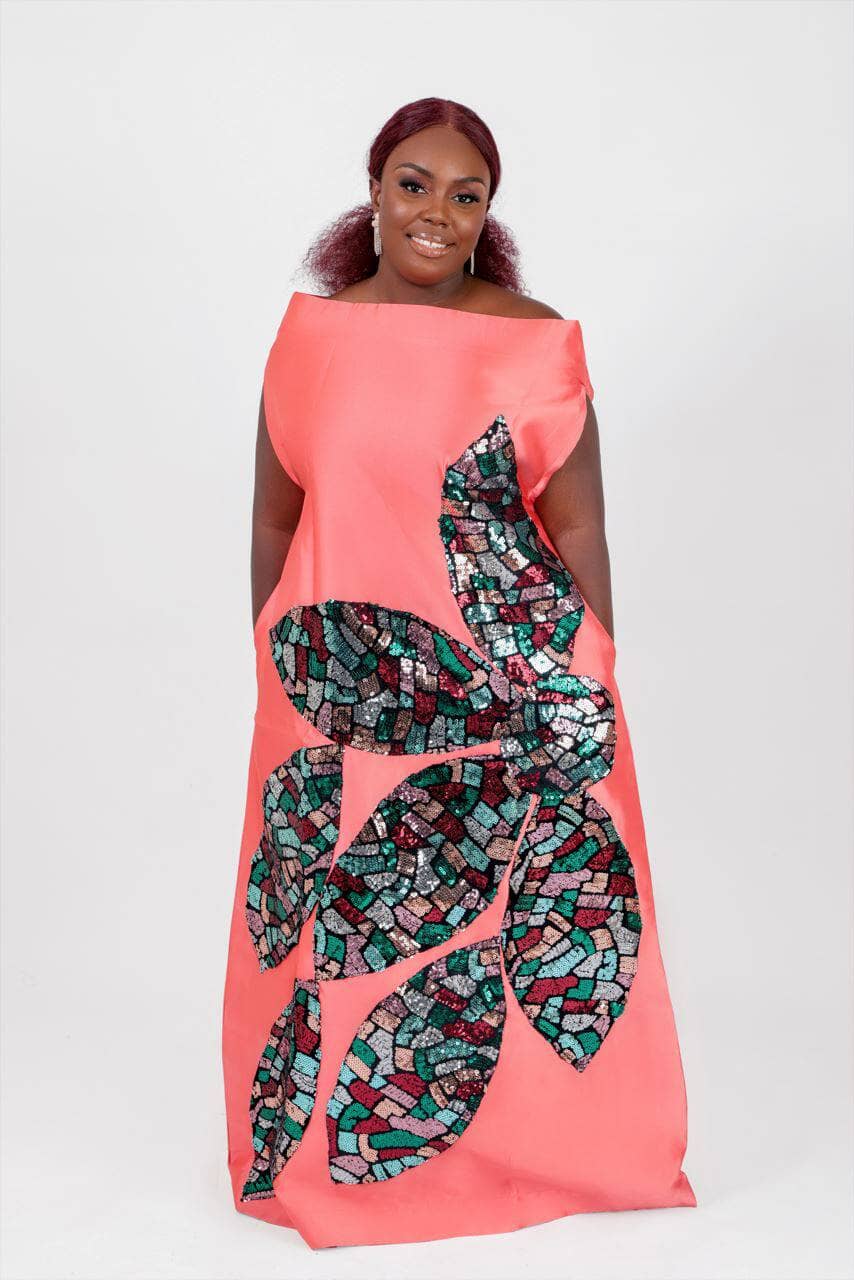 Coral Goddess Boubou Dress - silk kaftan dress with sequin