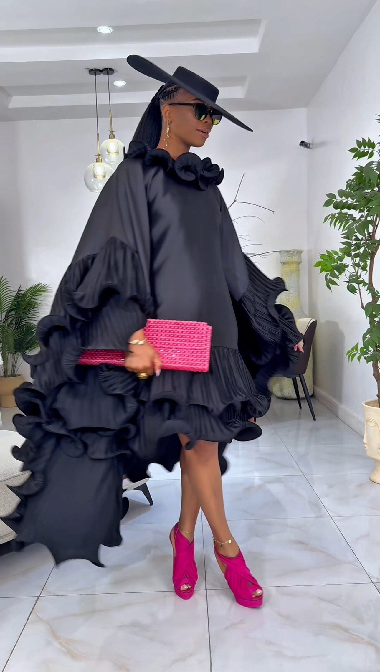Kai Short Boubou silk frill Dress (black)