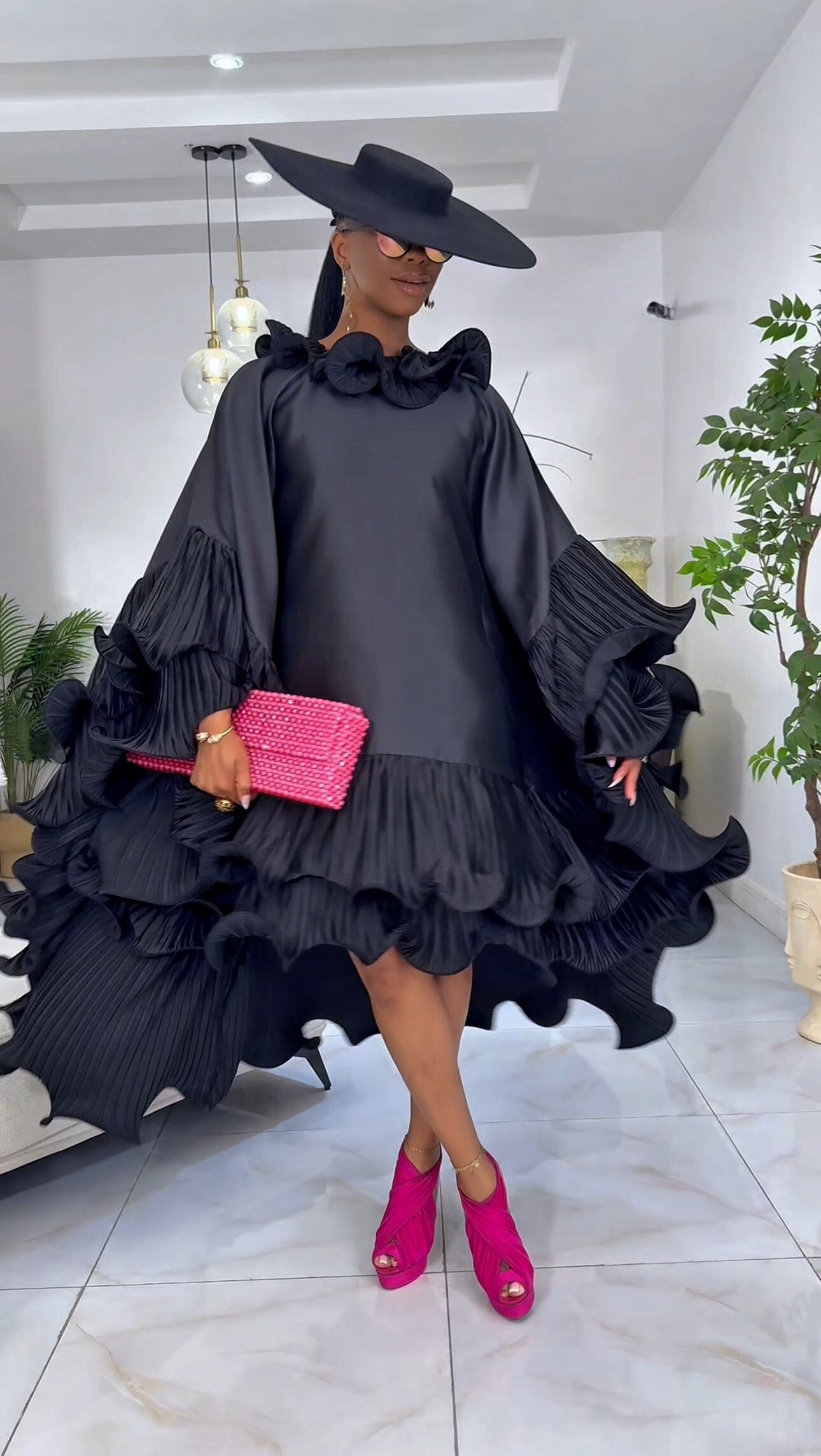 Kai Short Boubou silk frill Dress (black)