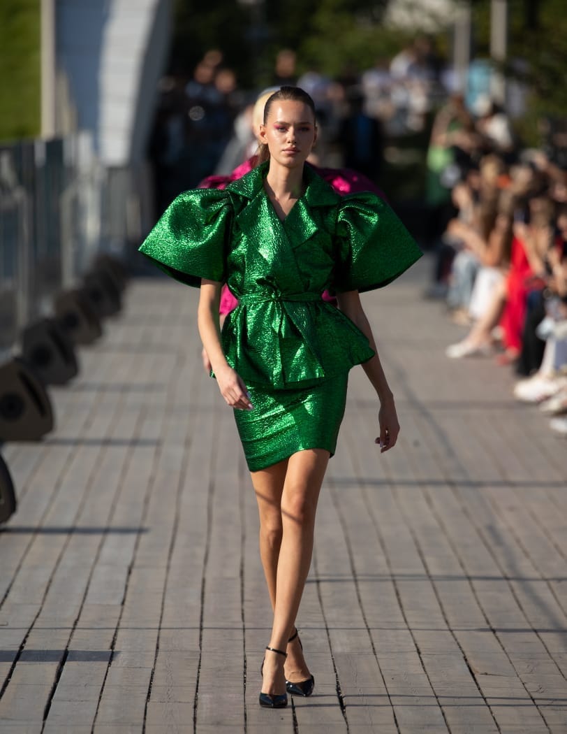 Rush Green damask wrap blouse with short pencil skirt