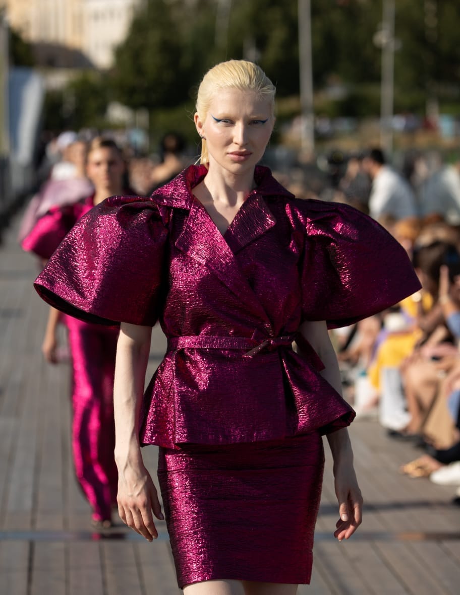Rush pink damask wrap blouse with short pencil skirt