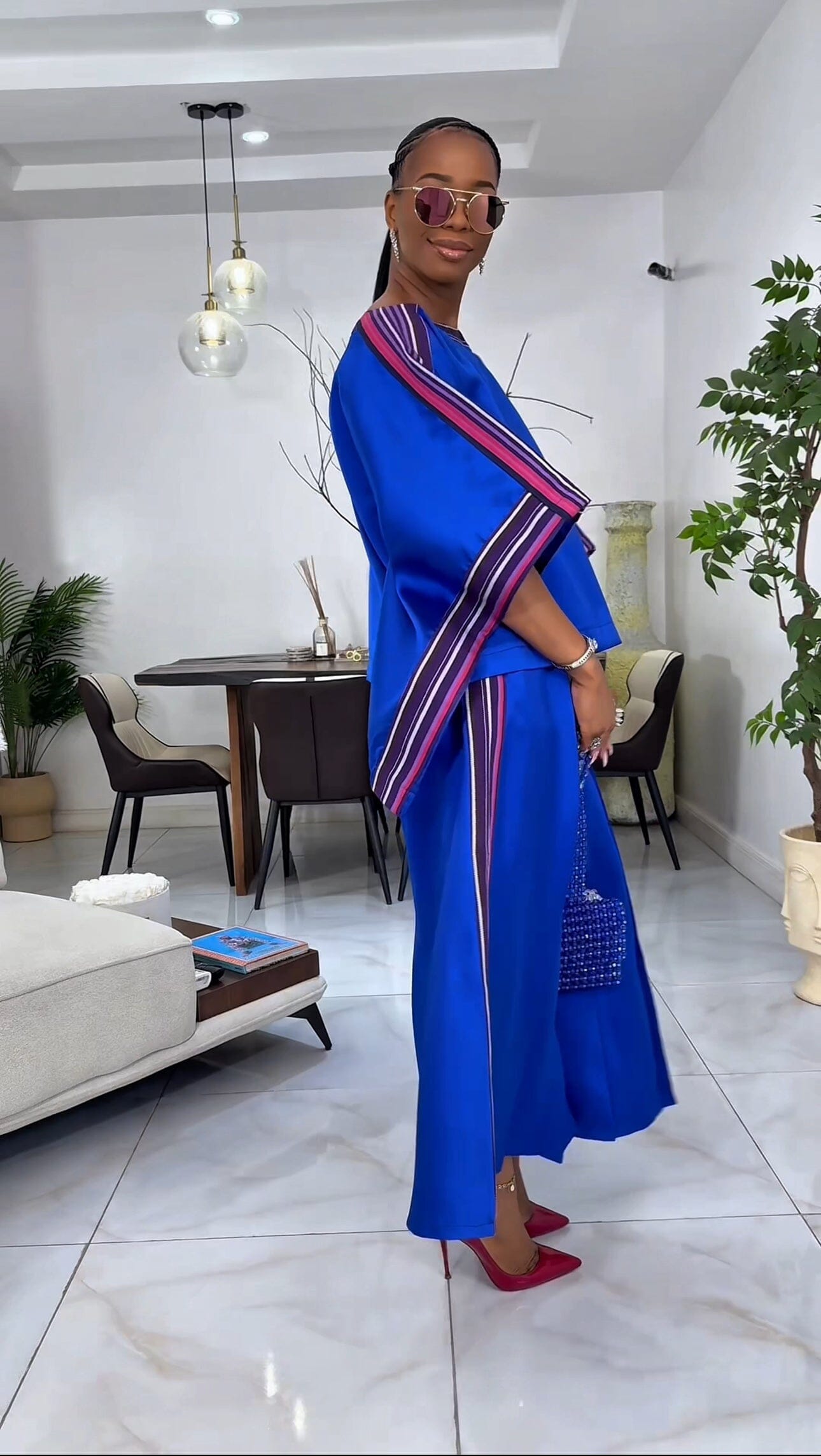Yayo Box top with Culottes Silk and Asooke pant set (Electric Blue)