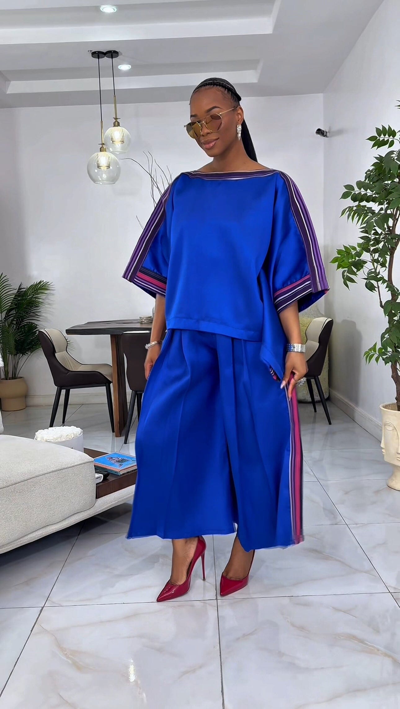 Yayo Box top with Culottes Silk and Asooke pant set (Electric Blue)