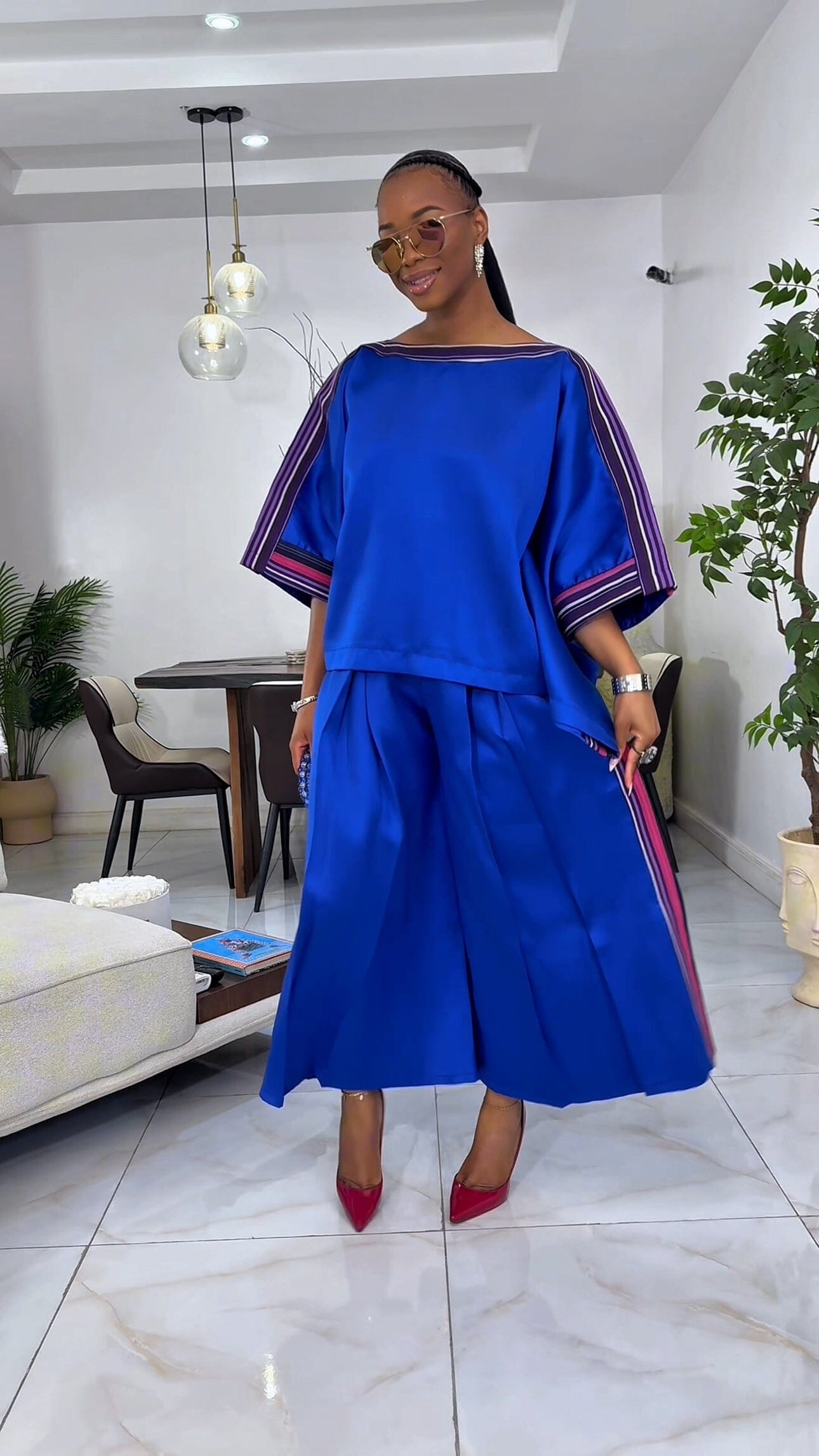 Yayo Box top with Culottes Silk and Asooke pant set (Electric Blue)