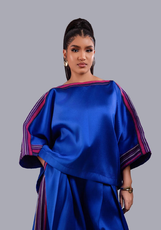 Yayo Box top with Culottes Silk and Asooke pant set (Electric Blue)