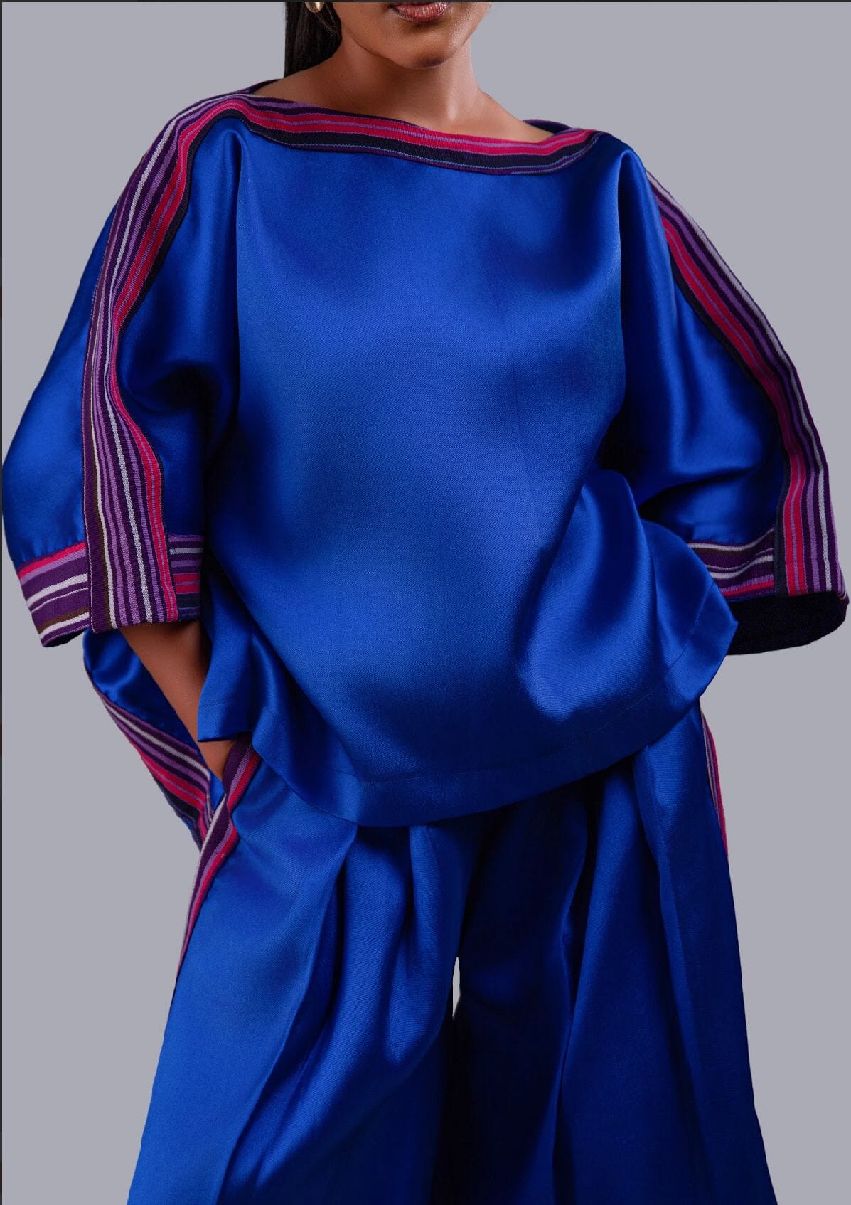 Yayo Box top with Culottes Silk and Asooke pant set (Electric Blue)