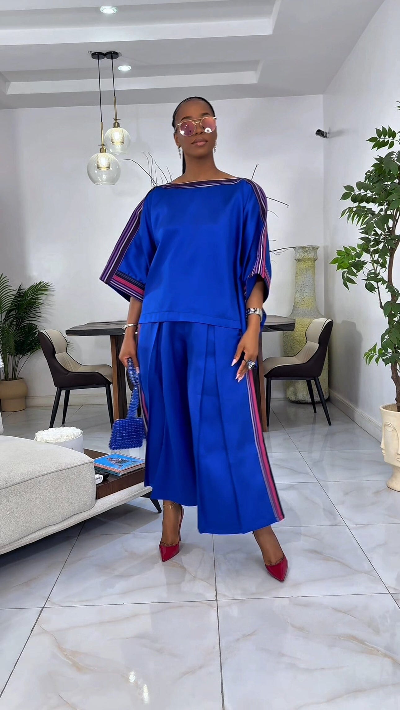 Yayo Box top with Culottes Silk and Asooke pant set (Electric Blue)