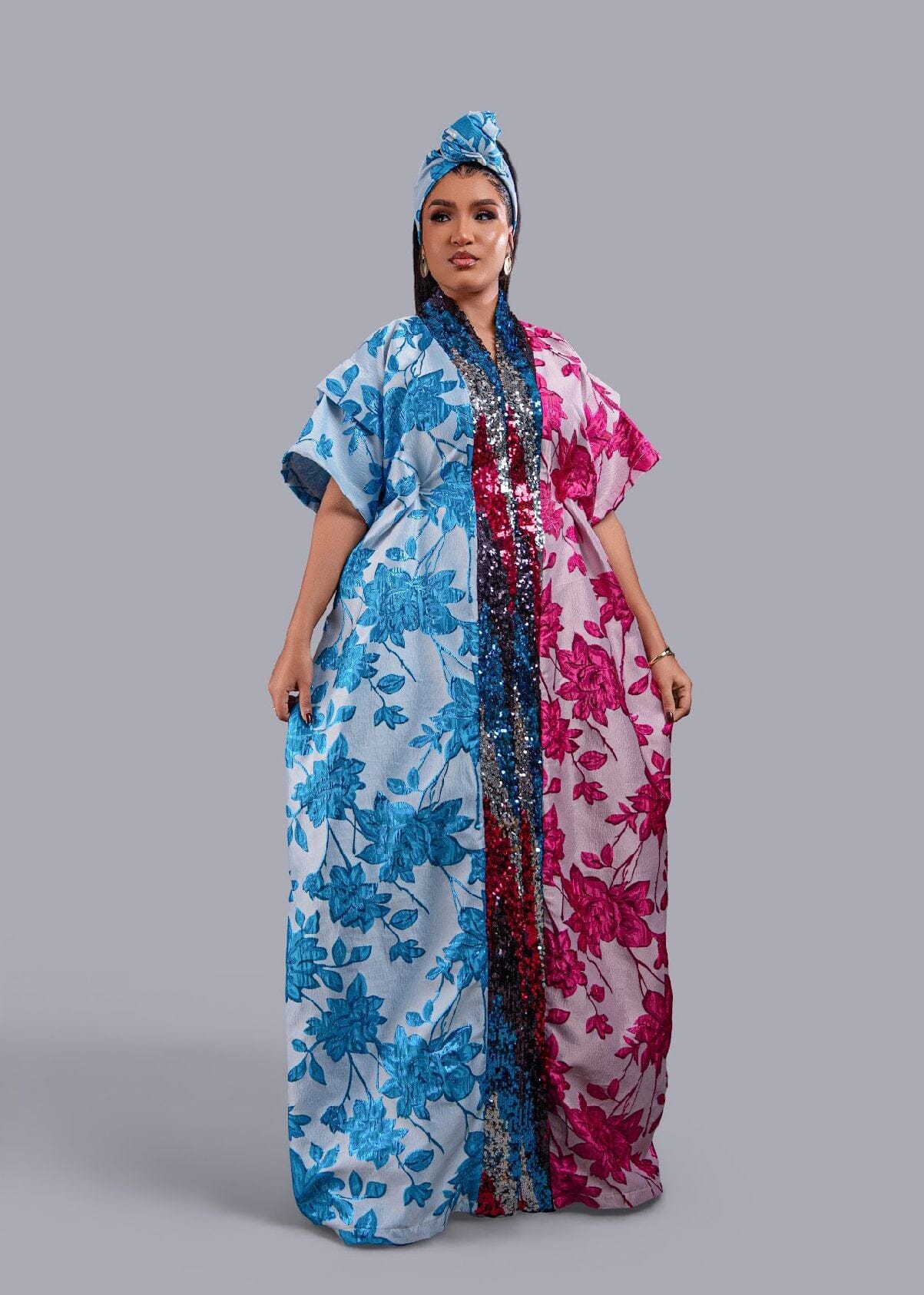 Zenzele Pink and Blue Floral Brocade Kimono Boubou.