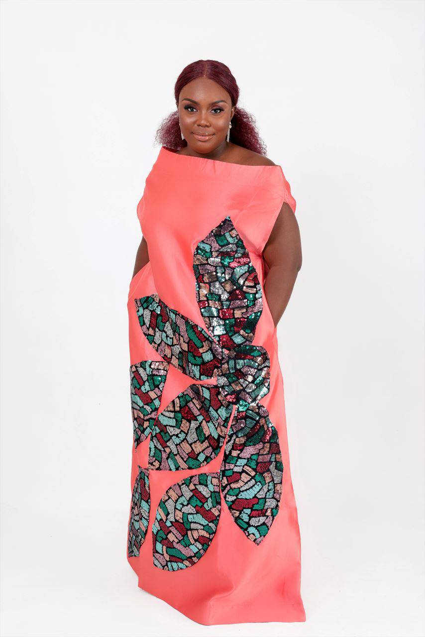 Coral Goddess Boubou Dress - silk kaftan dress with sequin