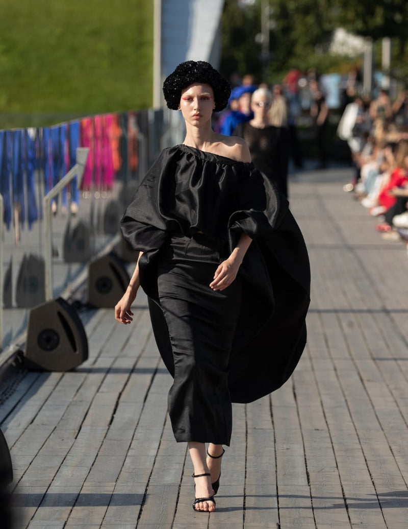 2- piece Kese black cape high low with long pencil skirt