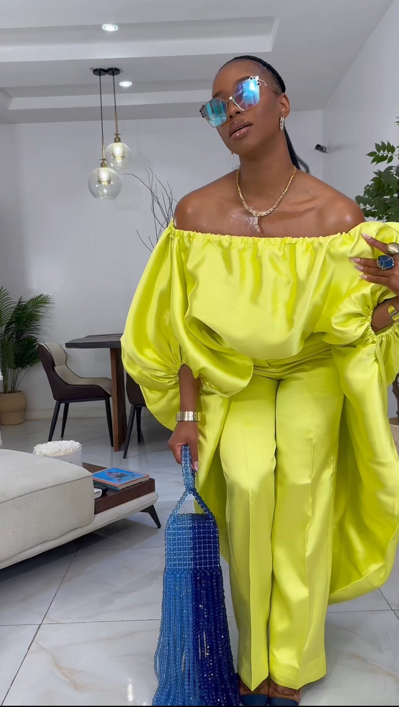 2- piece Kese neon cape high low and wide leg pant set