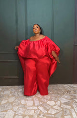 2-piece Kese red cape high low and wide leg pant set