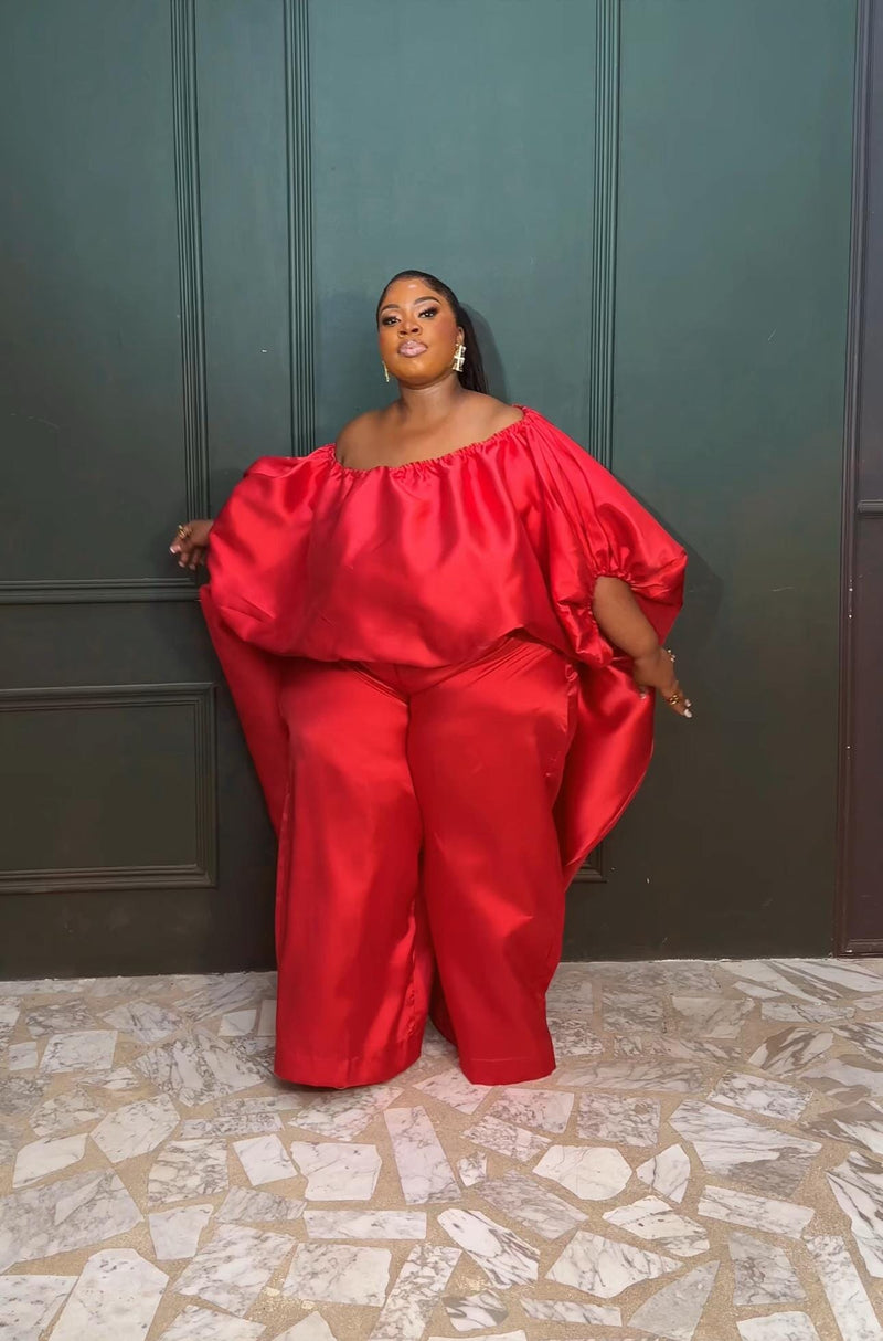 2-piece Kese red cape high low and wide leg pant set