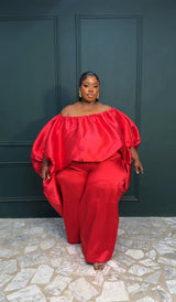 2-piece Kese red cape high low and wide leg pant set