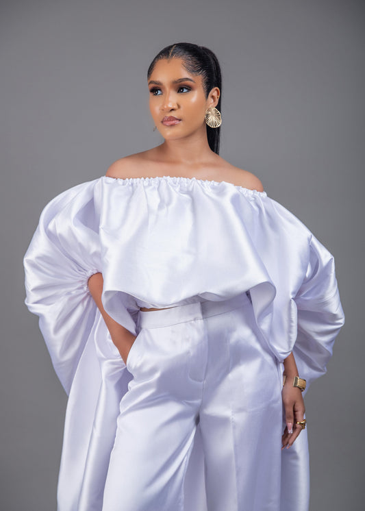 2- piece Kese white cape high low and wide leg pant set