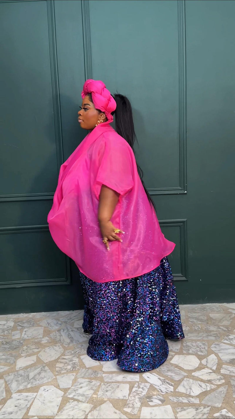 3- piece Casablanca pink Twist Top With Maxi flare Sequin Skirt Set (pink) and inner