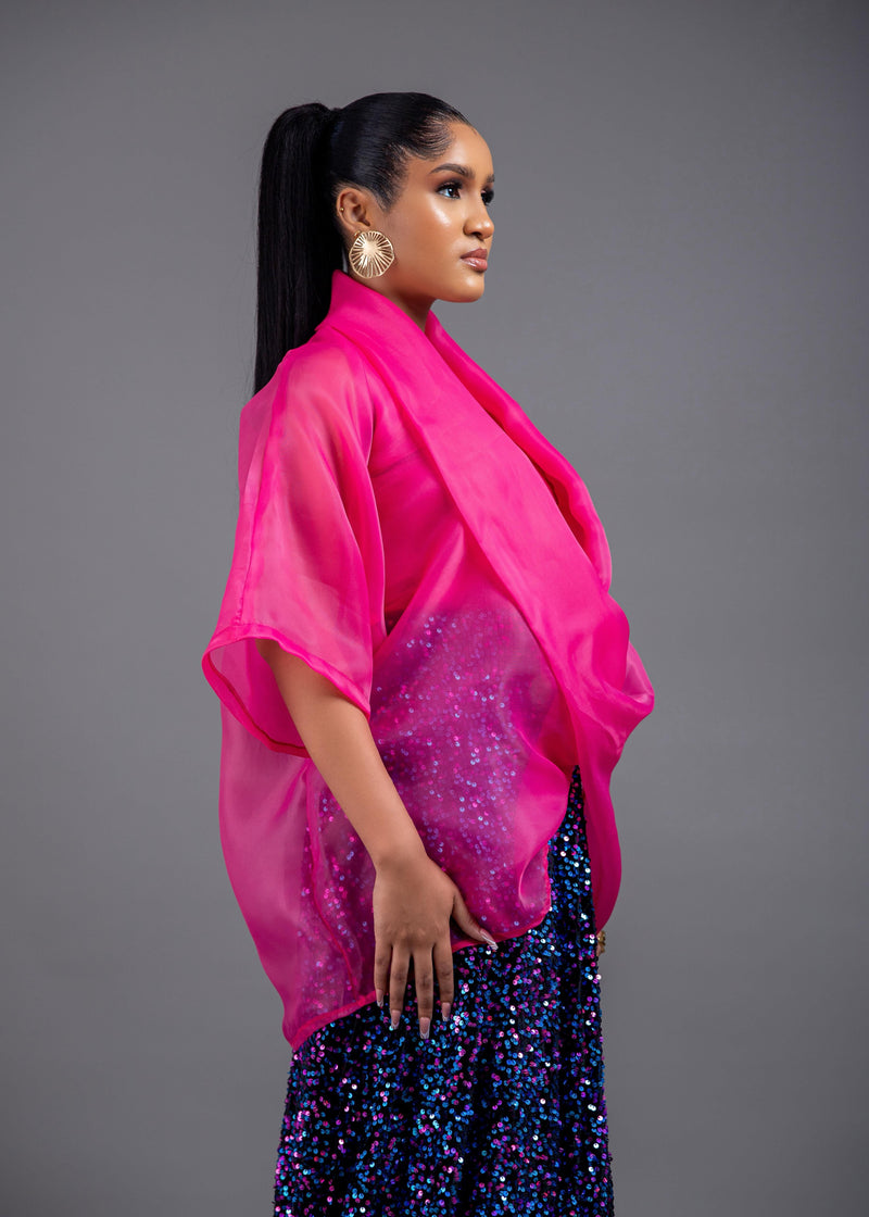 3- piece Casablanca pink Twist Top With Maxi flare Sequin Skirt Set (pink) and inner