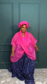 3- piece Casablanca pink Twist Top With Maxi flare Sequin Skirt Set (pink) and inner