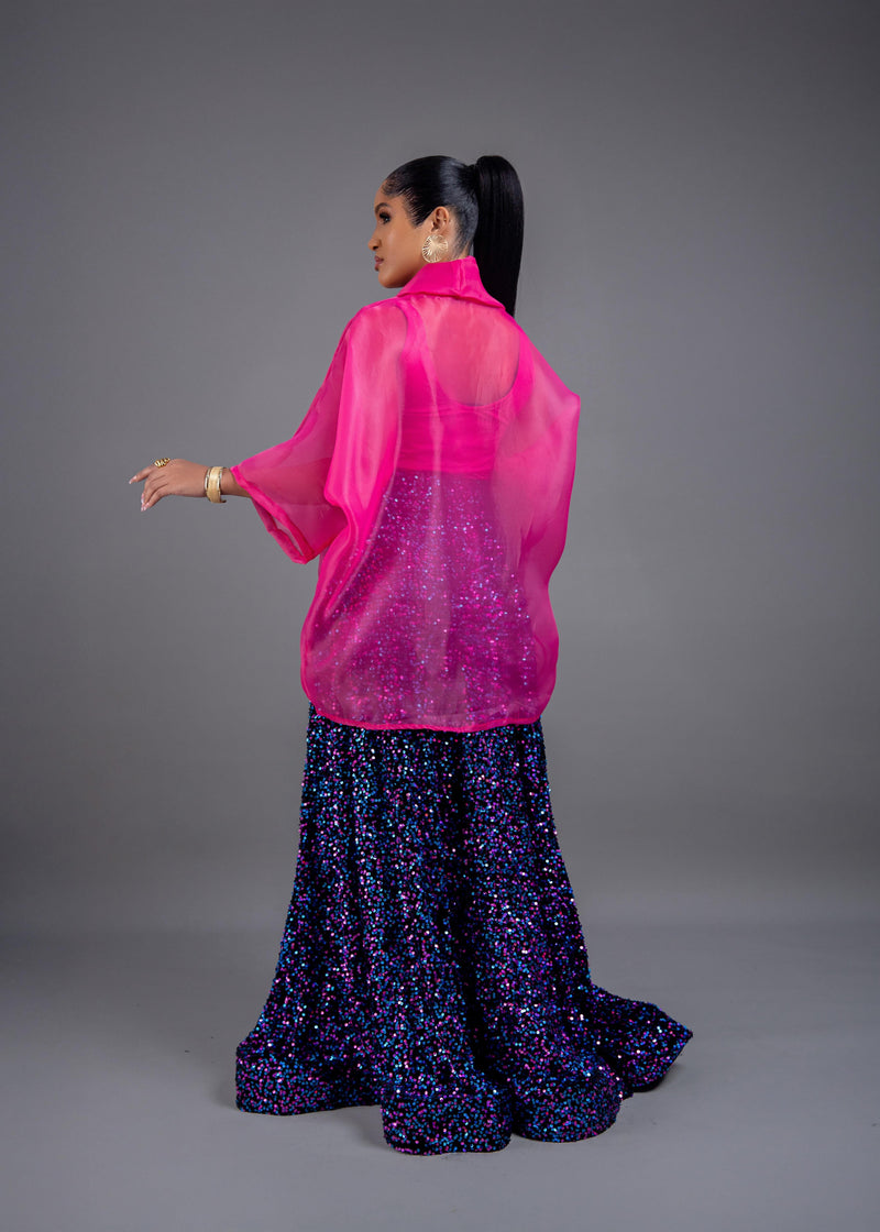 3- piece Casablanca pink Twist Top With Maxi flare Sequin Skirt Set (pink) and inner