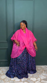 3- piece Casablanca pink Twist Top With Maxi flare Sequin Skirt Set (pink) and inner