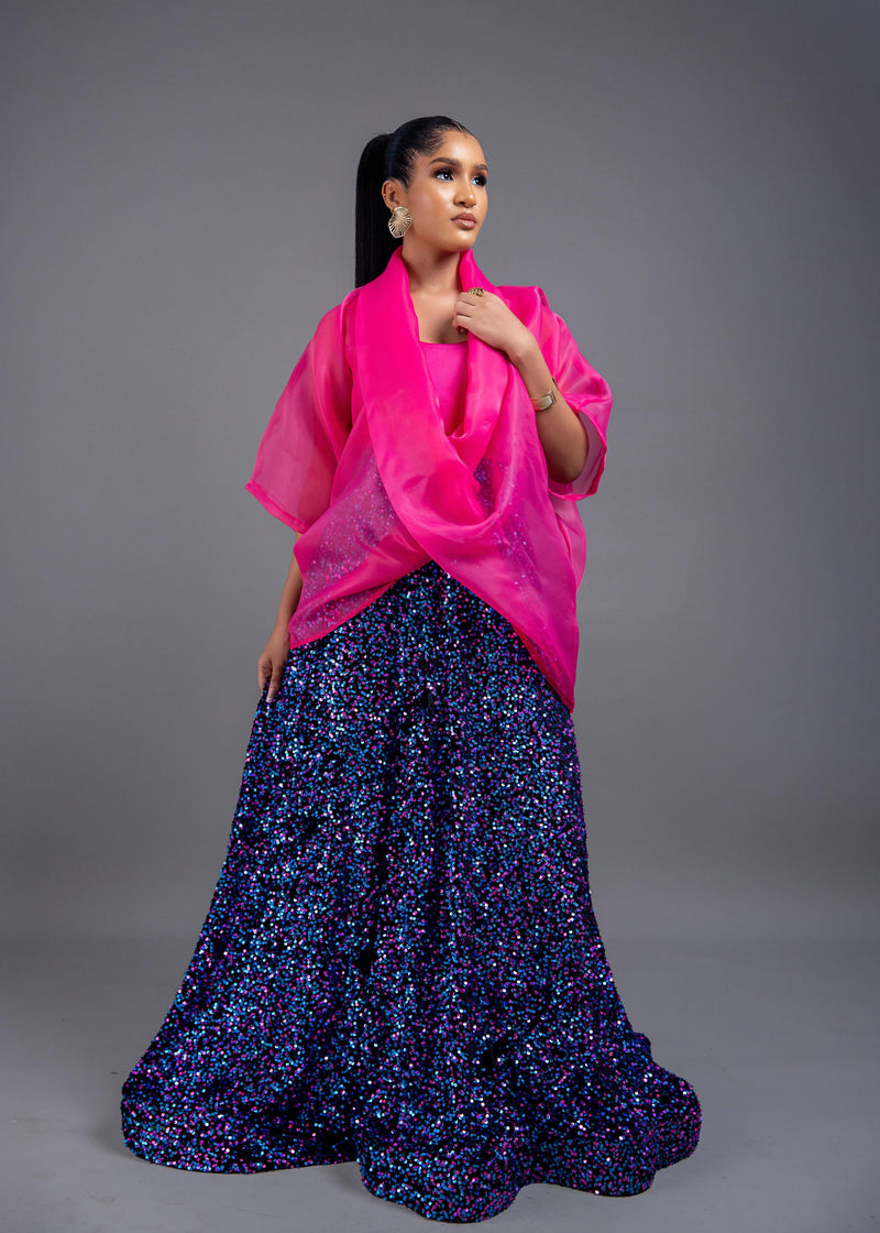 3- piece Casablanca pink Twist Top With Maxi flare Sequin Skirt Set (pink) and inner
