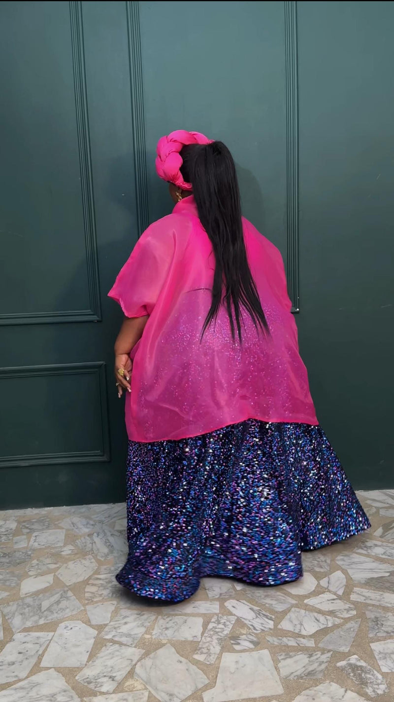 3- piece Casablanca pink Twist Top With Maxi flare Sequin Skirt Set (pink) and inner