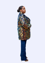 Baller Sequin Boyfriend Jacket and velvet bell bottom Pant Set)