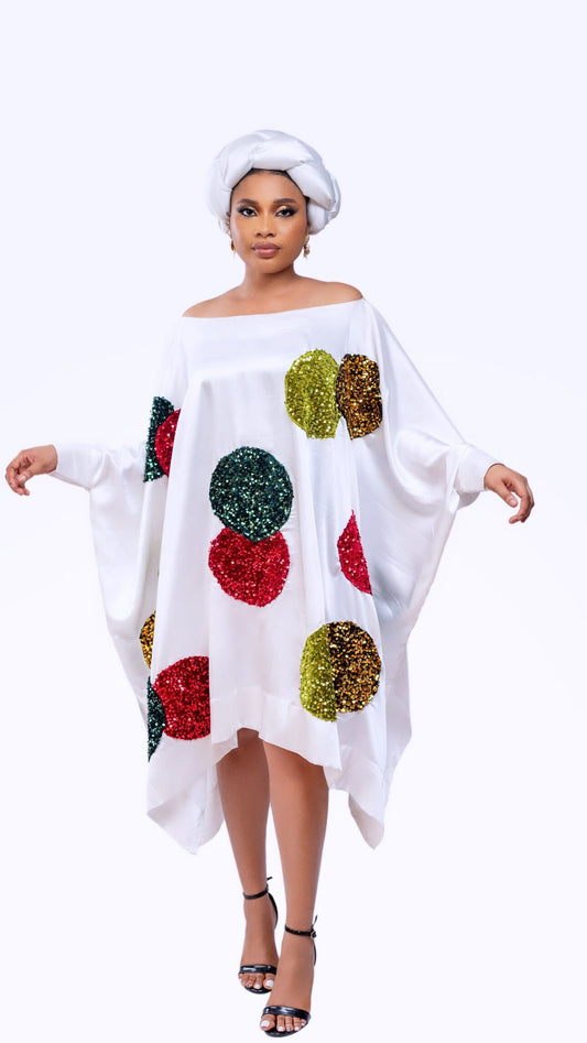 Bella white short boubou dress with multicolored sequin circle and asymmetrical sides
