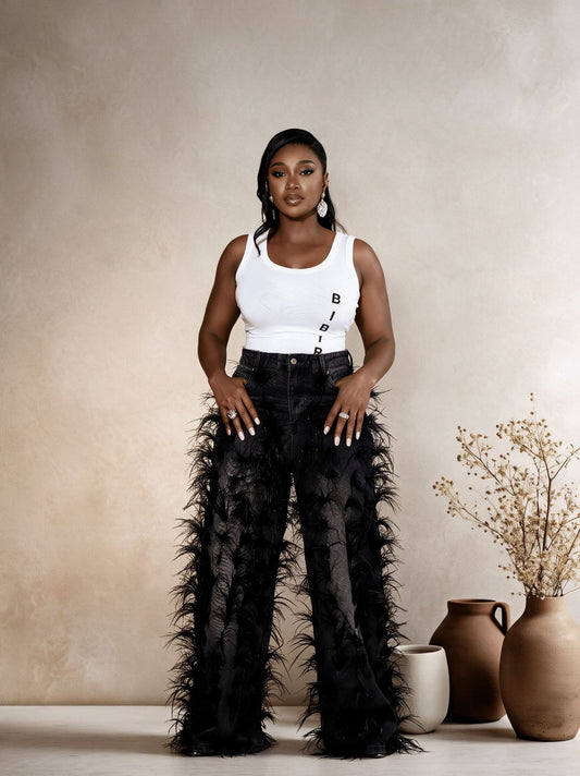 BLACK FEATHERED JEANS