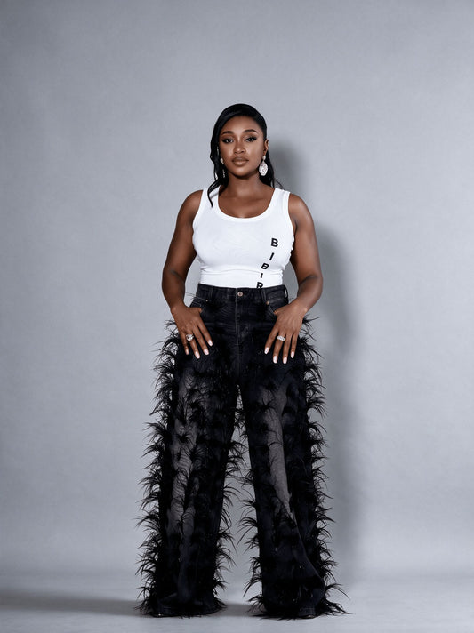 BLACK FEATHERED JEANS