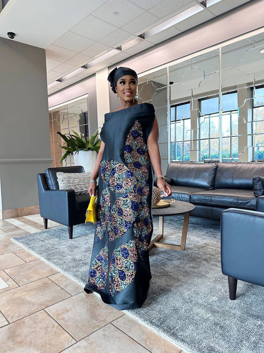 Black Goddess Maxi African kaftan boubou mikado silk dress with multicolored sequin
