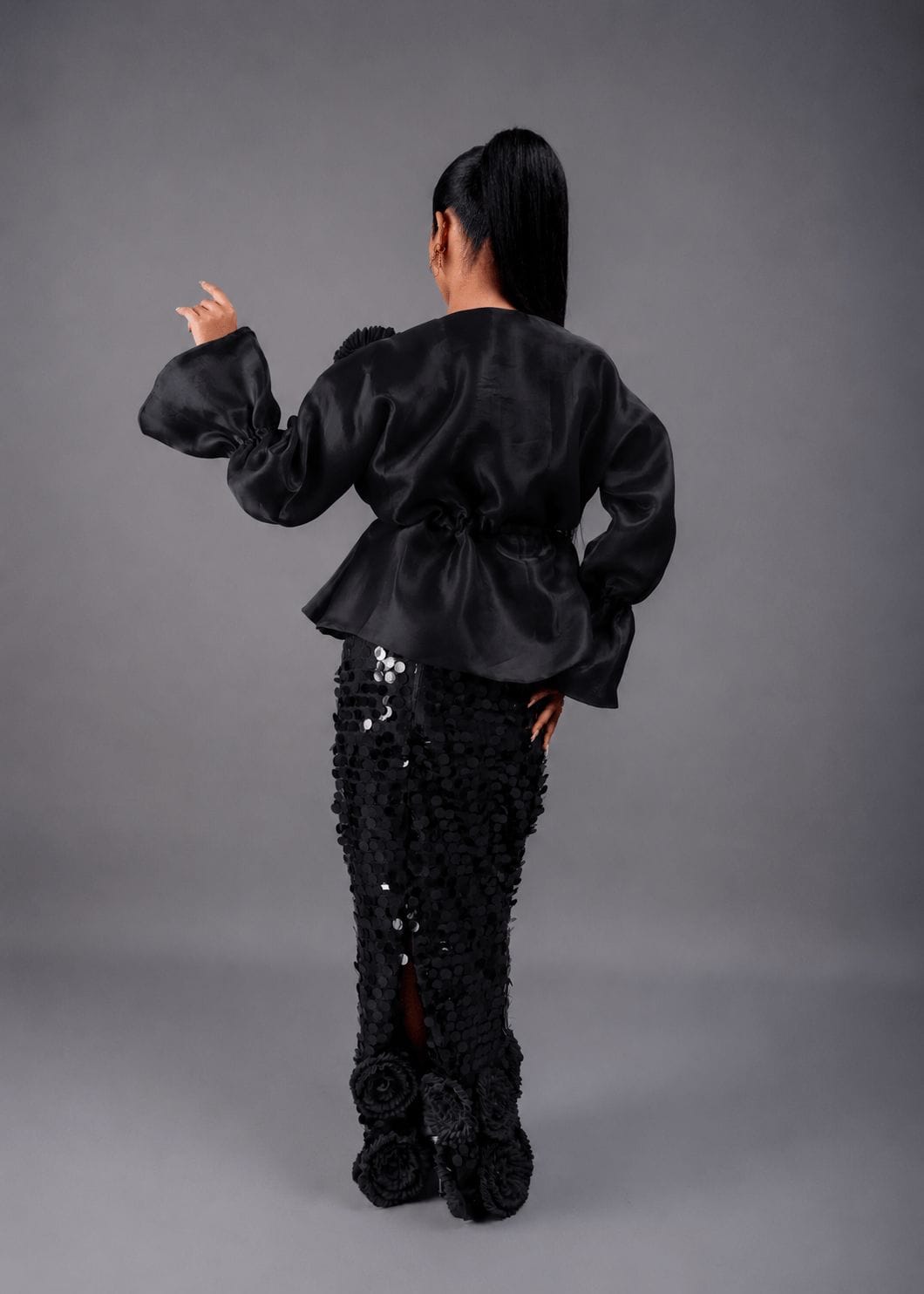 Black Rose Top With Long Sequin Skirt Set - Bibirẹ̀