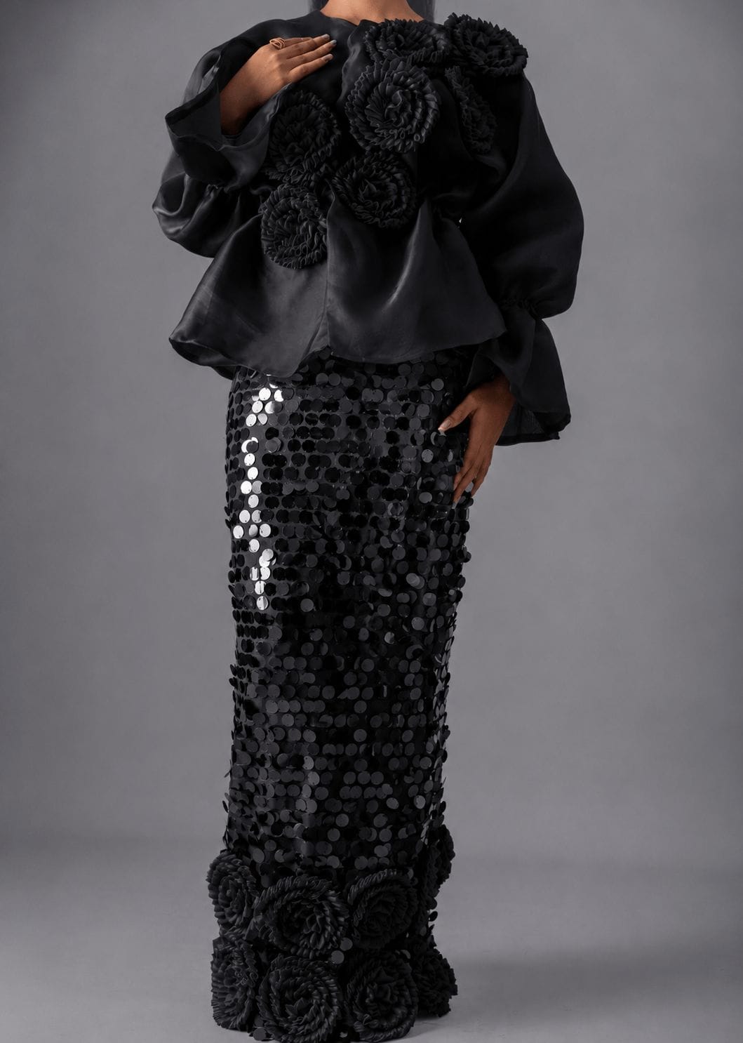 Black Rose Top With Long Sequin Skirt Set - Bibirẹ̀