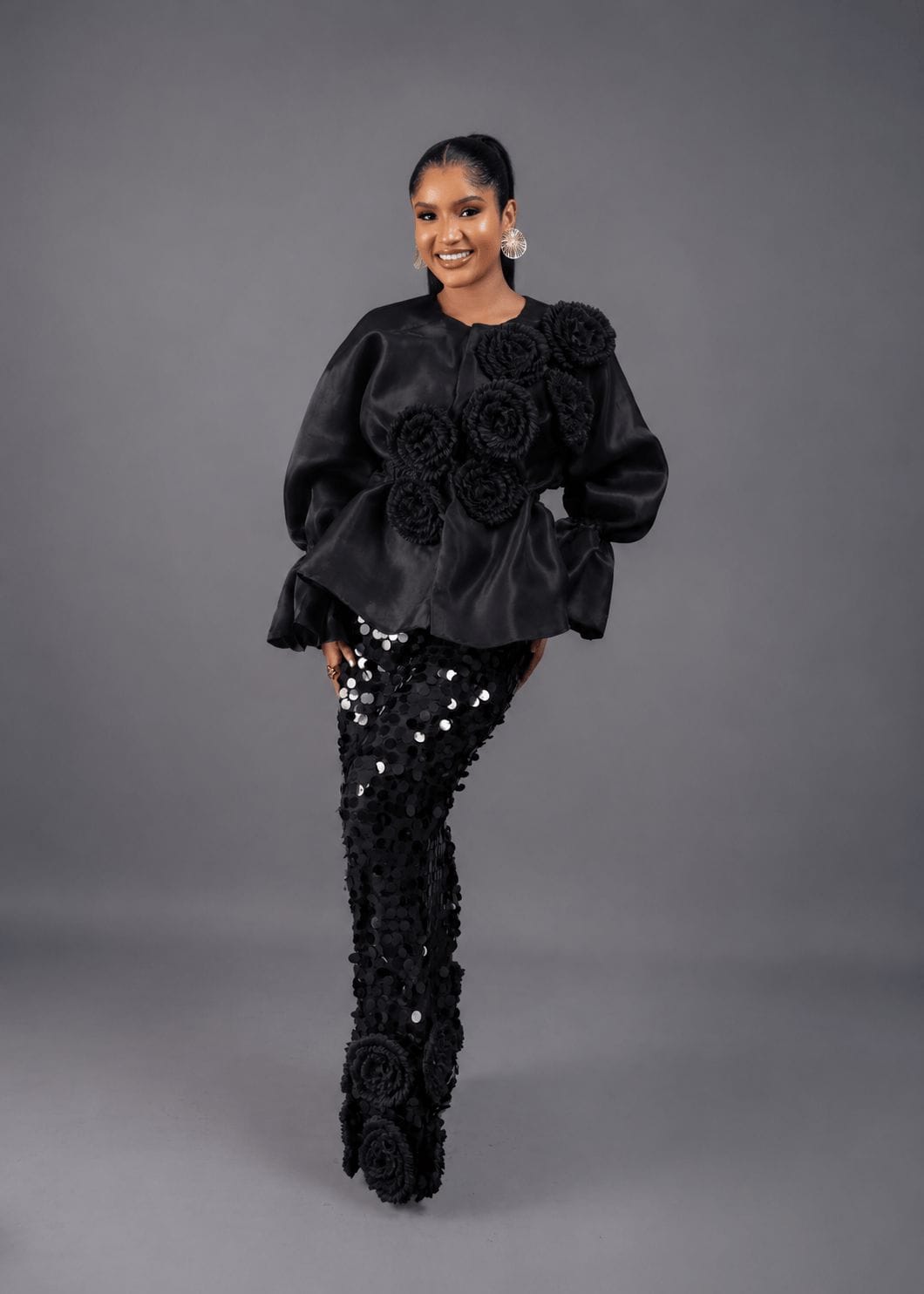 Black Rose Top With Long Sequin Skirt Set - Bibirẹ̀