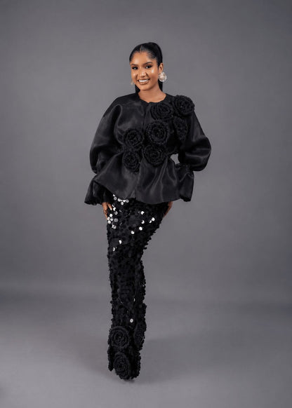 Black Rose Top With Long Sequin Skirt Set - Bibirẹ̀