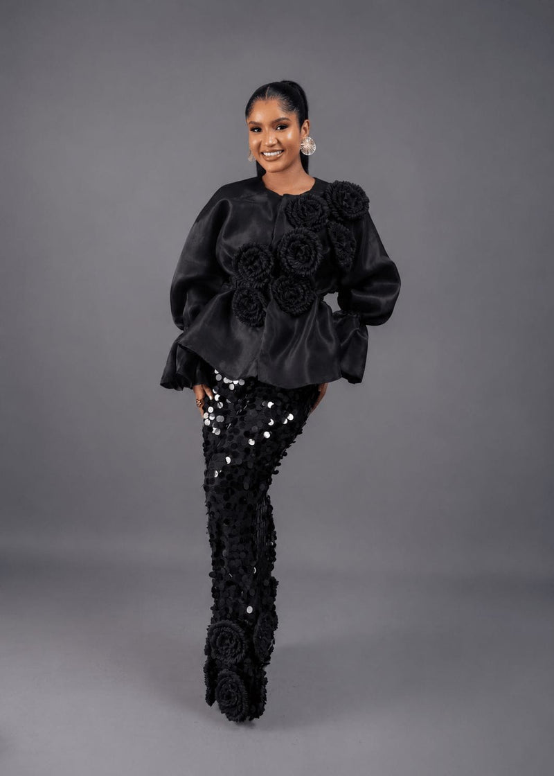Black Rose Top With Long Sequin Skirt Set - Bibirẹ̀