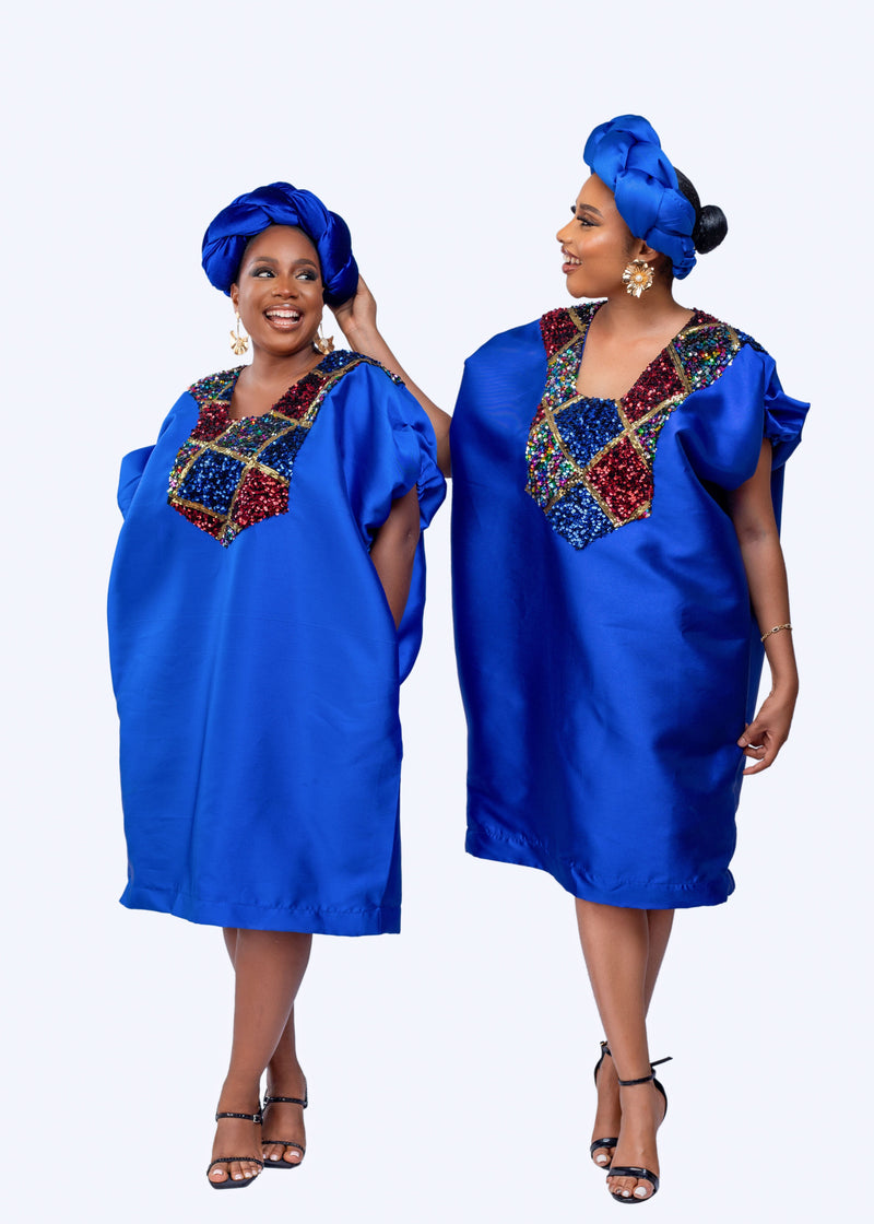 Blue Buga Boubou Short Dress with Multicolored Sequin neckline