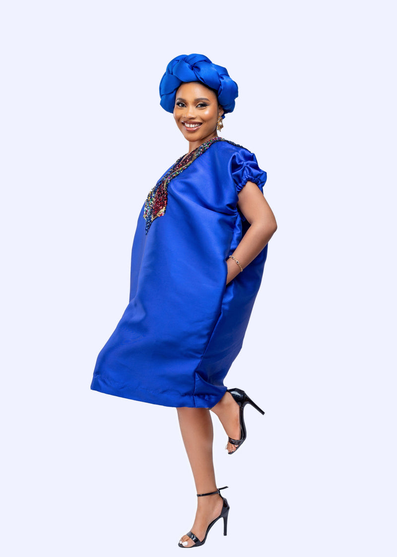 Blue Buga Boubou Short Dress with Multicolored Sequin neckline