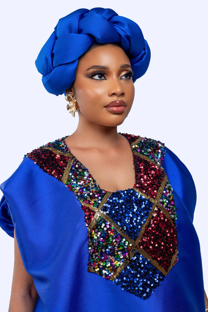 Blue Buga Boubou Short Dress with Multicolored Sequin neckline