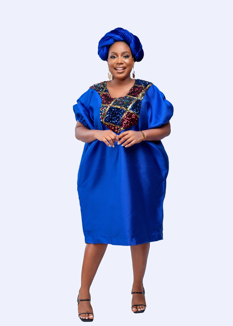 Blue Buga Boubou Short Dress with Multicolored Sequin neckline