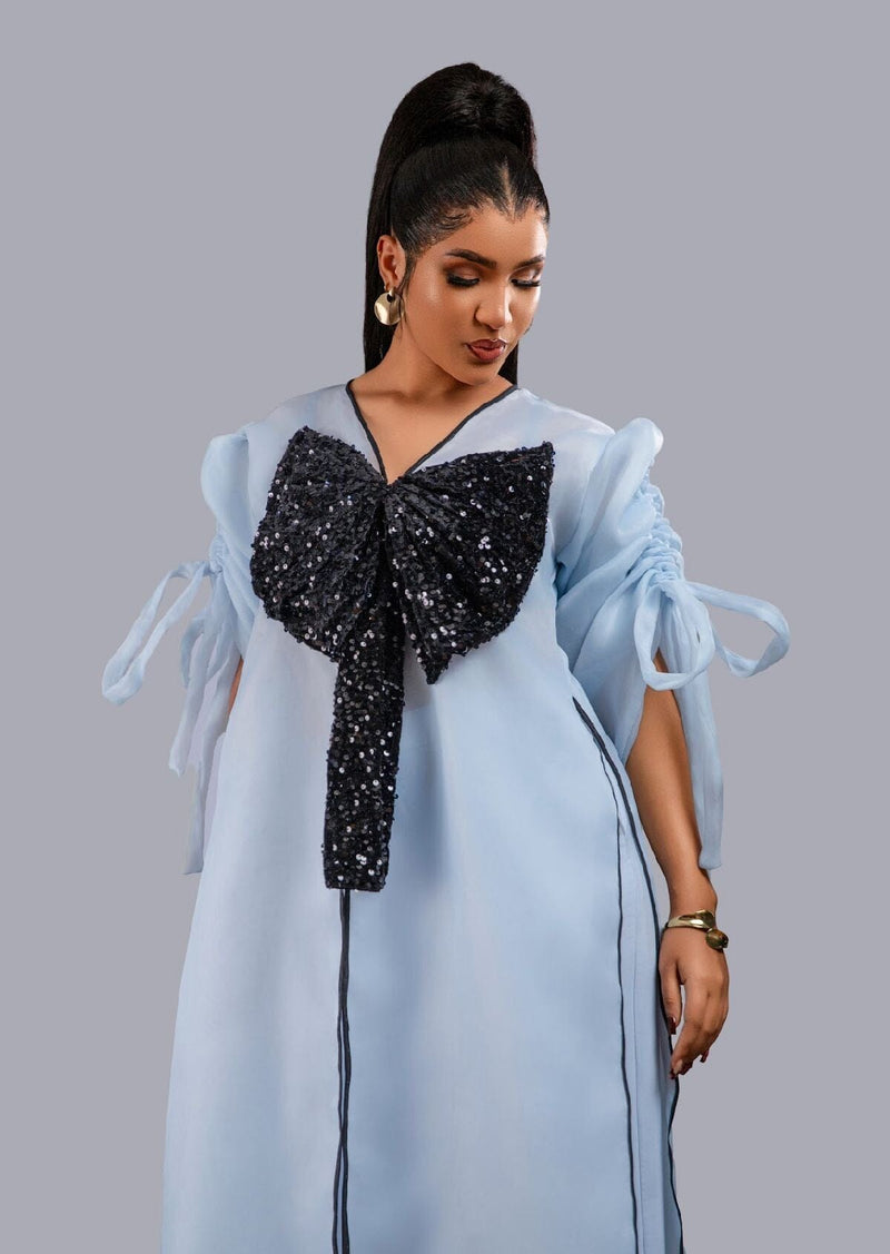 Blue kimono with black bow sequin and wide leg pant set.