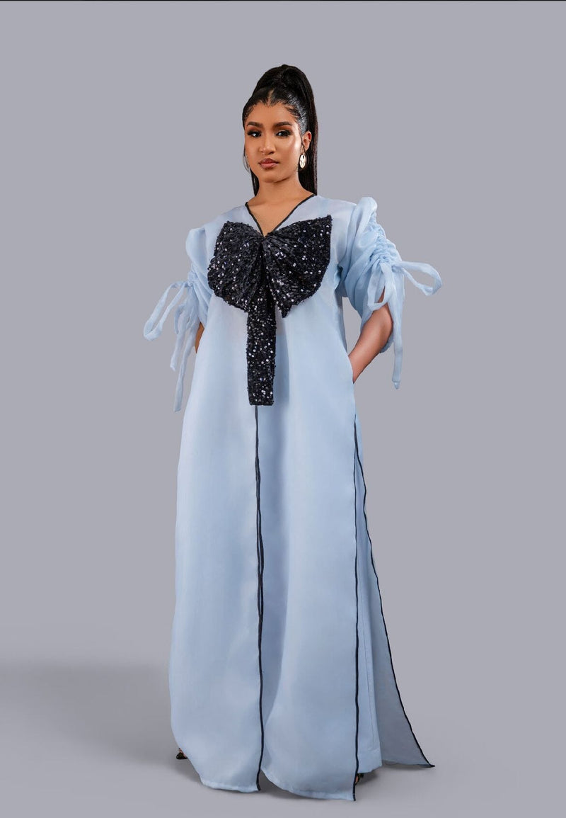 Blue kimono with black bow sequin and wide leg pant set.
