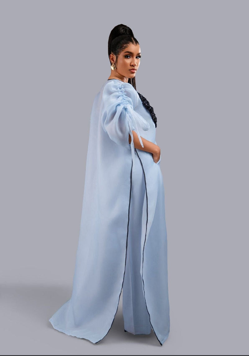 Blue kimono with black bow sequin and wide leg pant set.